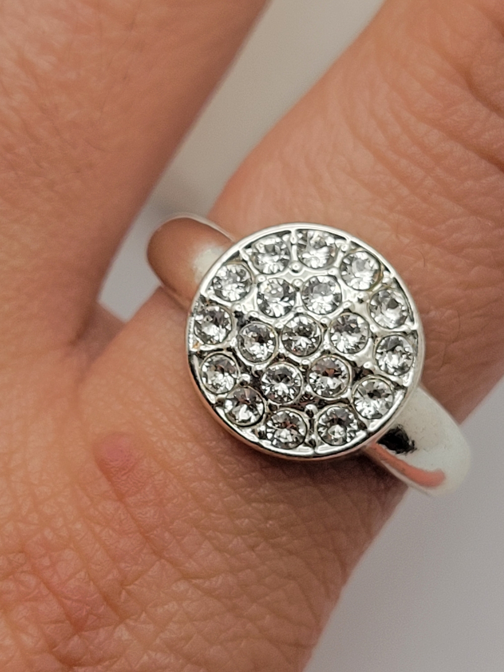 Silver Tone Pavé Rhinestone Disc Cocktail Ring Clear Crystal Dome Statement